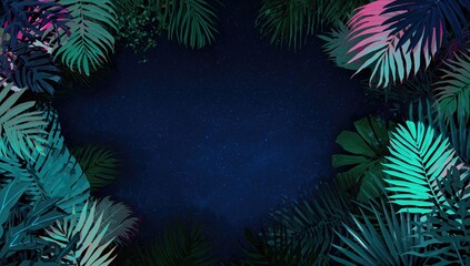 Neon tropical palm leaf design, vibrant backdrop for nightlife events