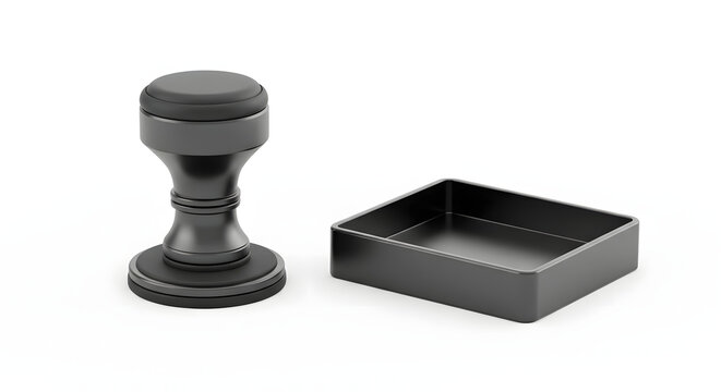 A black stamp and ink pad, ready for official use. The stamp is meticulously crafted, and the ink pad is clean and uncluttered.