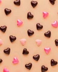 Fototapeta premium A vibrant collection of pink, dark, and white heart-shaped candies spread across a soft background, encapsulating the essence of love and joy, perfect for capturing romantic moments.