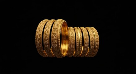 Close-up of ornate golden bangles arranged in a stack, isolated on black