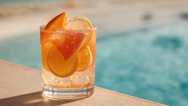 Refreshing summer citrus beverage in a glass by the pool, vibrant flavors of oranges and lemons, ideal for relaxation