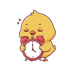 Cute Cartoon Baby Chick Sleeping Soundly and Hugging a Red Alarm Clock, Adorable Sleep Time and Early Morning Concept Vector Illustration Isolated on White Background.