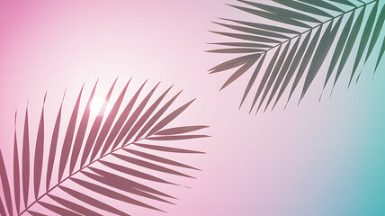 Obraz premium Tropical palm frond shadows cast on a soft pink and turquoise gradient background creating a serene and airy summer aesthetic