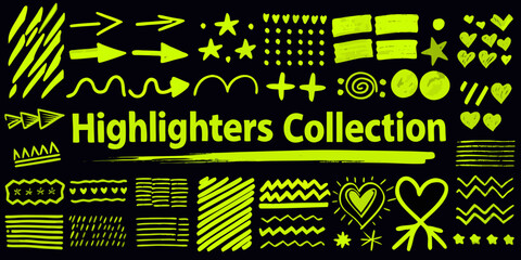 Bright yellow highlighter pen strokes and shapes collection on black background