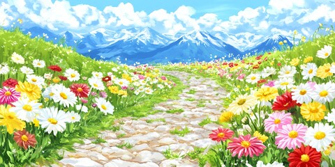 Vibrant meadow pathway beside snow capped mountains under a cloudy blue sky