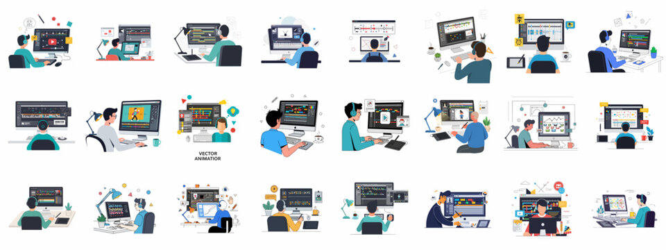 Vector Animation and Video Editing Professionals Working at Desks Set: Motion Graphic Designers and Creative Content Creators using Computer Software.