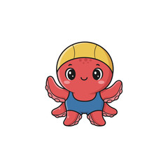 Cute Cartoon Red Octopus Wearing a Blue Swimsuit and Yellow Swim Cap, Adorable Marine Animal Ready for Swimming and Beach Fun Vector Illustration Isolated on White Background.