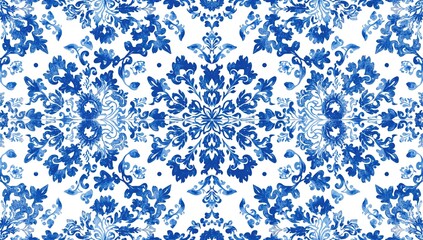 Watercolor blue floral damask pattern, suitable for editorial header background