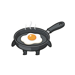 Happy Cartoon Frying Pan with a Steaming Fried Egg, Standing Up, Funny Cooking and Breakfast Character Vector Illustration Isolated on White Background.