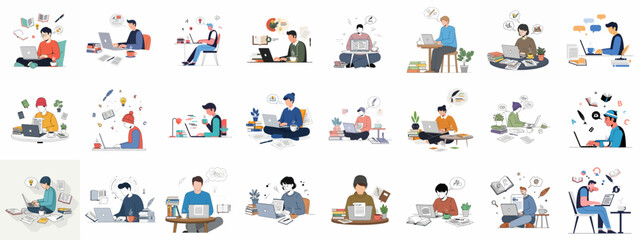 Diverse illustrations of authors, students, and freelancers working on laptops and generating creative ideas.