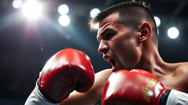 A boxer receives a powerful punch to the face, showing the sheer intensity and physicality of the sport, with sweat flying in the air under bright lights that illuminate the boxing ring