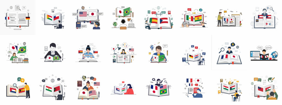 Large set of vector illustrations showing language translation, dictionary use, and foreign language learning concepts featuring diverse international flags and people.