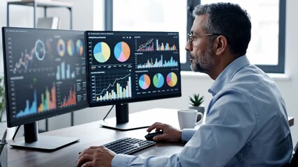 Focused male data scientist analyzing complex financial data on dual monitors. Over-the-shoulder view of a professional business analyst working on market trends and stats. - Powered by Adobe