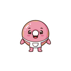 Adorable cartoon pink glazed donut character wearing an apron, sweet pastry chef or baker mascot, simple, cute vector illustration on white background