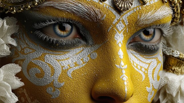 Closeup of a face with intricate gold and silver face paint showcasing detailed artistry and captivating blue eyes in a unique style