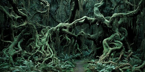 Overgrown forest with gnarled moss covered tree branches and ferns on a winding path