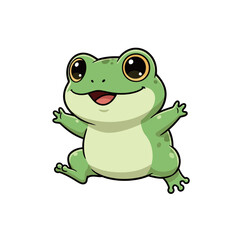 Cheerful cartoon green frog character jumping with arms wide open, happy amphibian mascot, cute animal illustration, simple vector design on white background