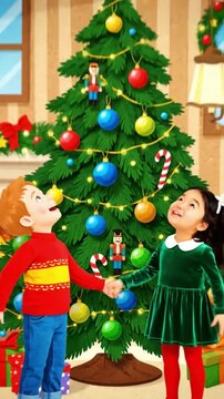 A joyful boy and girl decorate a Christmas tree with ornaments. This festive illustration captures the magic of the holidays, perfect for greeting cards, ads, or seasonal content.