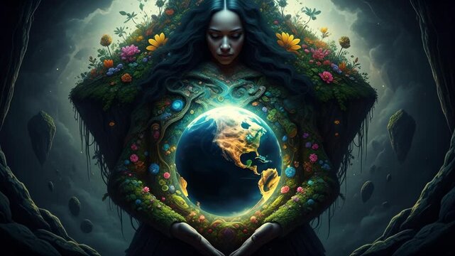 A woman embodying nature holds the earth, surrounded by flowers and lush greenery