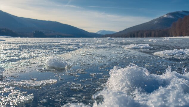 Surface of lake blanketed in snow and ice, winter landscape, seasonal change