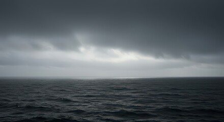 Obraz premium A vast, turbulent ocean merges with a pale, oppressive sky, dominated by heavy gray clouds and moody, dramatic lighting, deep, gray scale, pale
