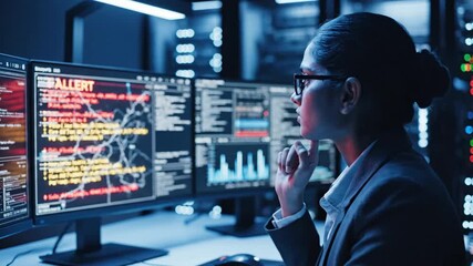 Female cybersecurity analyst working late in a dark server room, reviewing network alerts on a dashboard. A purposeful push-in shot focuses on the IT professional at her workstation.