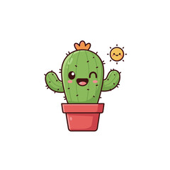 Cheerful cartoon cactus character in a pot winking next to a tiny happy sun, desert plant and summer concept, cute vector illustration on white background