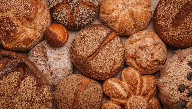 Assorted types of bread, rolls, and bakery products featuring salt and seeds, fiber-dense choice