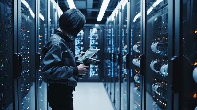 Female systems engineer scanning server rack LEDs for a cloud migration check in a data center. A slow dolly shot along the aisle reveals the moody, cool-lit racks.