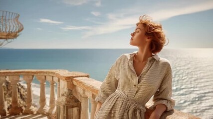 A woman in a light striped dress stands on a stone seaside balcony, gazing at the ocean under a blue sky.