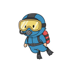 Cute cartoon scuba diver character in a wetsuit with tank and mask, underwater adventure and sport mascot, simple vector illustration on white background