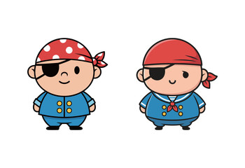 Set of two cute cartoon pirate characters wearing a bandana and eye patch, sailor and adventure mascots, simple vector illustration for children's theme