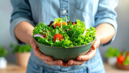 Person holding a vibrant fresh green salad bowl in a close up view with lettuce tomatoes and onions against a blurred background showing healthy eating and vegetarian lifestyle