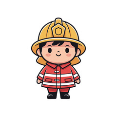 Cute cartoon firefighter character in a yellow helmet and red uniform, emergency service profession mascot, simple vector illustration for children's safety
