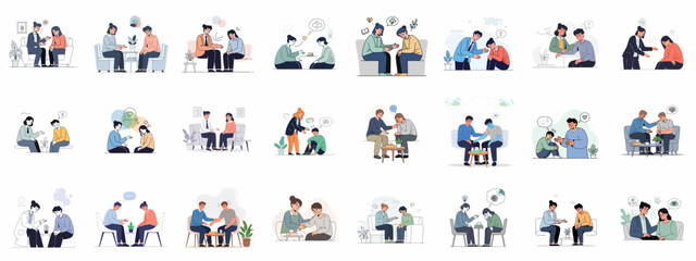 Mental health counseling session flat illustration set. Professional support, empathy, stress relief, and therapy for patients dealing with depression and anxiety.