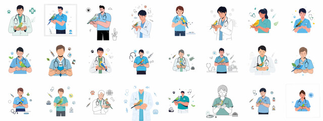 Obraz premium Veterinary care collection featuring doctors and nurses examining and treating colorful pet birds like parakeets and budgies.