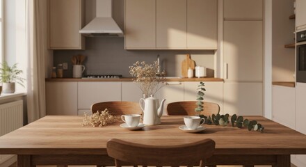 Cozy dining room interior with wooden table, light cabinets and decor