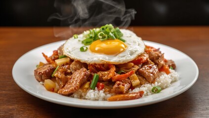 Stir Fried Pork with Garlic and Pepper Accompanied by Rice and Fried Egg, protein-rich meal