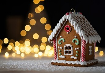 Festive gingerbread house decoration covered in white icing snow, illuminated by soft, warm holiday bokeh lights at night ,light ,ornament ,winter
