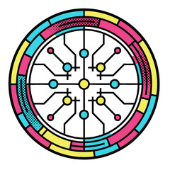 Trapped ion quantum circuit diagram. Abstract vector illustration of a circular electronic system, computing core, and futuristic technology network