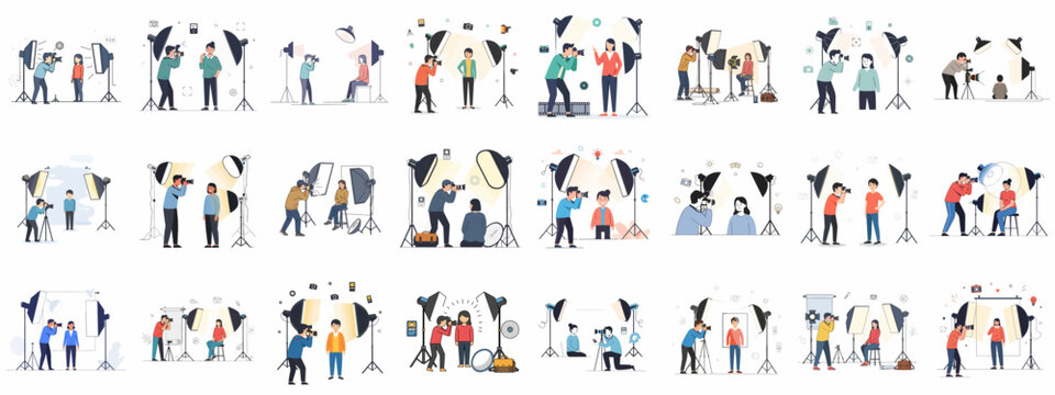 Professional Photography Studio Session Vector Illustration Set. Photographers working with models using softboxes and lighting equipment.