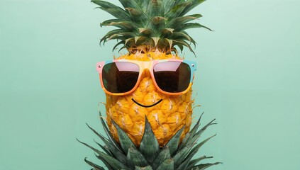 Adorable pineapple wearing sunglasses on a mint backdrop, playful summer theme