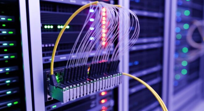 Data center rack with fiber optic cables and server lights