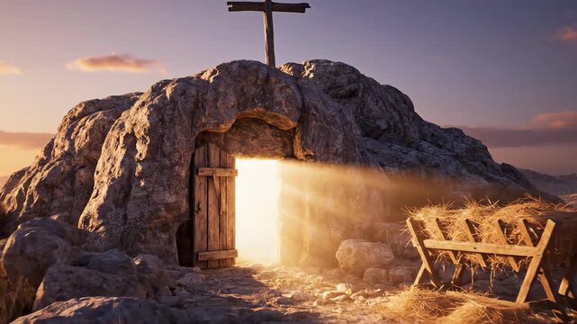 An empty manger rests before a cross on a hill, as light from an unseen tomb signifies the journey from birth to resurrection. A powerful symbol of Christian faith and Easter.