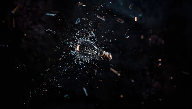Light bulb breaking apart against a dark backdrop, showcasing the fragility of glass