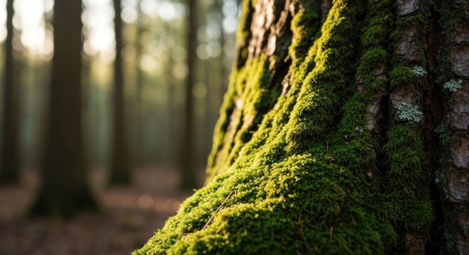 Detailed close-up of a moss-covered tree trunk in a sunlit forest - Powered by Adobe
