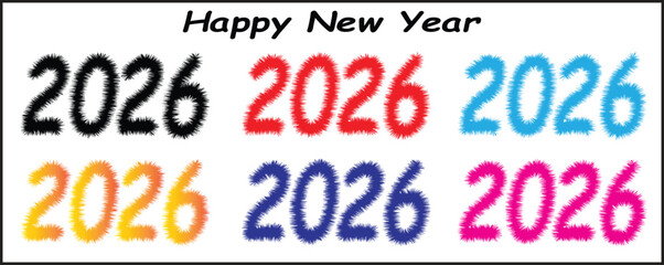 Six variations of the number 2026 featuring a fuzzy, colorful, and unique furry texture, perfect for holiday greeting cards and winter decorations.