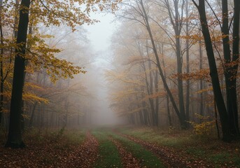 Fototapeta premium Mysterious autumn woodland landscape covered in thick morning fog. Seasonal color transition and dense, atmospheric nature scene ,park, woodland, tranquil
