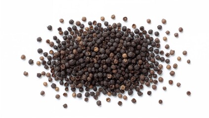 Heap of black peppercorns set against a white background, culinary spice option