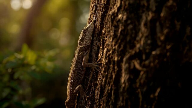 Small lizard clinging to rough tree bark trunk in golden sunlight with blurred green forest background